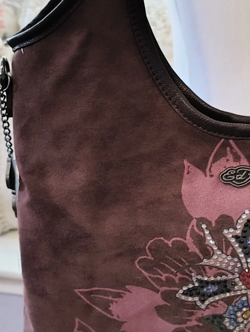 Ed Hardy Brown Suede Pink Floral Rhinestone Cross Beyonce Hobo Satchel Bag
